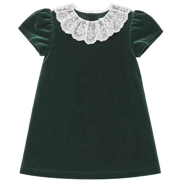 Velvet Dress with Lace Collar- Green