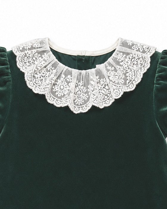 Velvet Dress with Lace Collar- Green