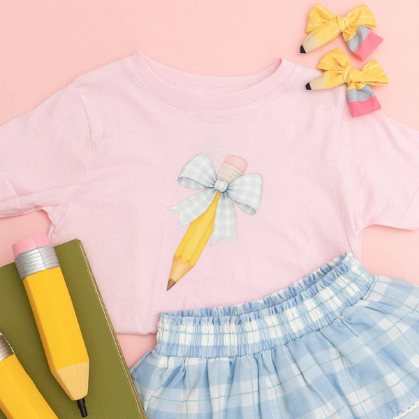 Blue Plaid Pencil Bow T-Shirt