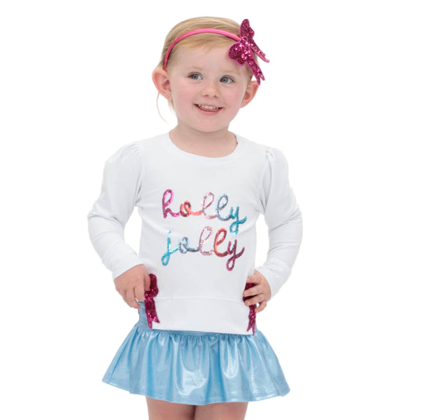 Sequin Holly Jolly White Holly Sweatshirt- Hot Pink Bows