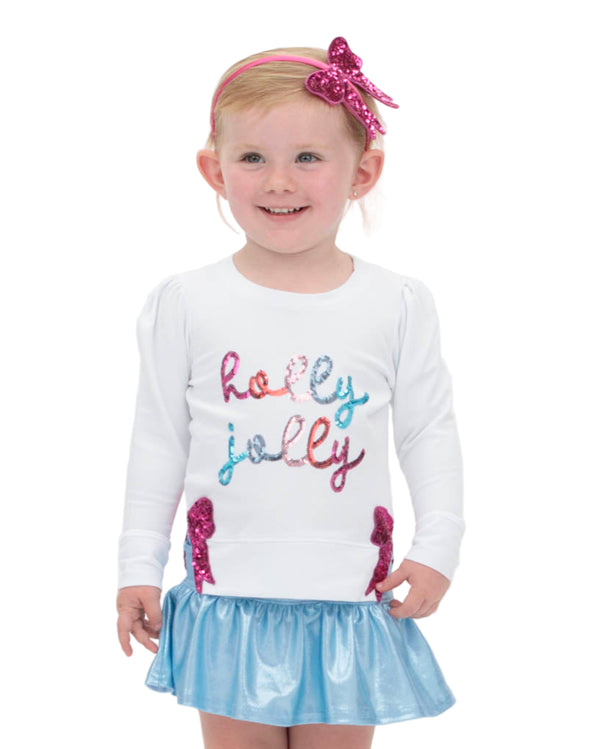 Sequin Holly Jolly White Holly Sweatshirt- Hot Pink Bows