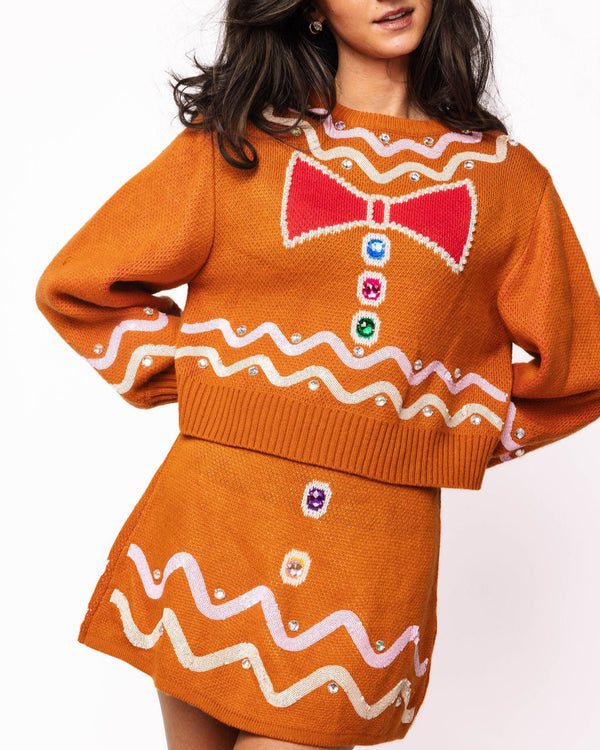 Brown Gingerbread Man Jewel Bow Tie Sweater- (Women's)
