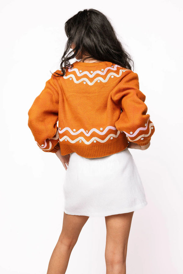 Brown Gingerbread Man Jewel Bow Tie Sweater- (Women's)