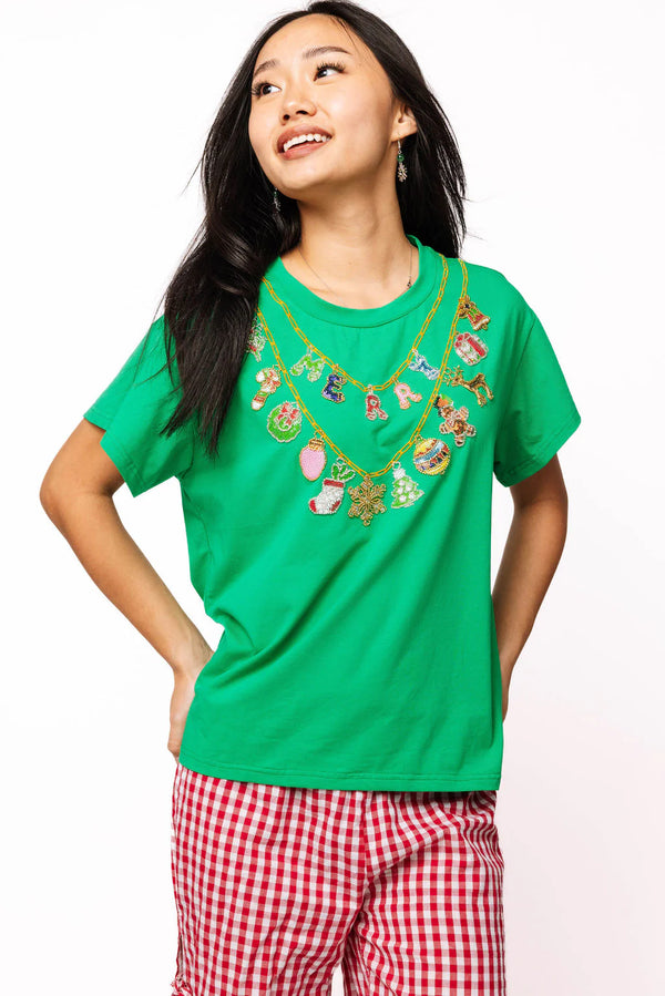 Bright Green Christmas Necklace Tee- (Women's)