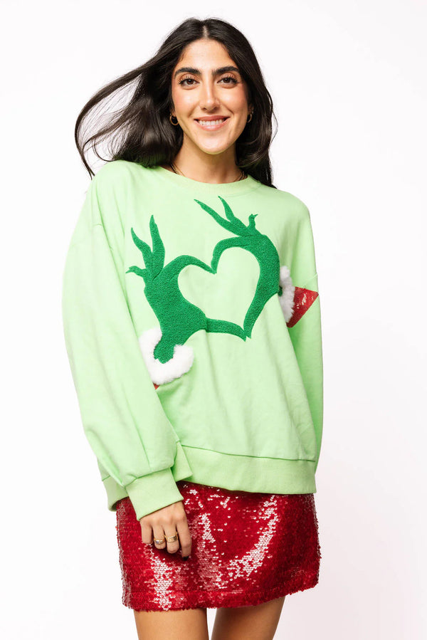 Green Grinch Heart Hands Sweatshirt- (Women's)