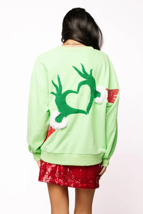 Green Grinch Heart Hands Sweatshirt- (Women's)