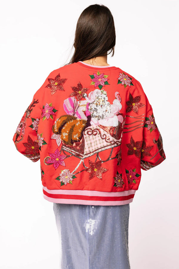 Red & Pink Vintage Poinsettia Santa Sweatshirt- (Women's)