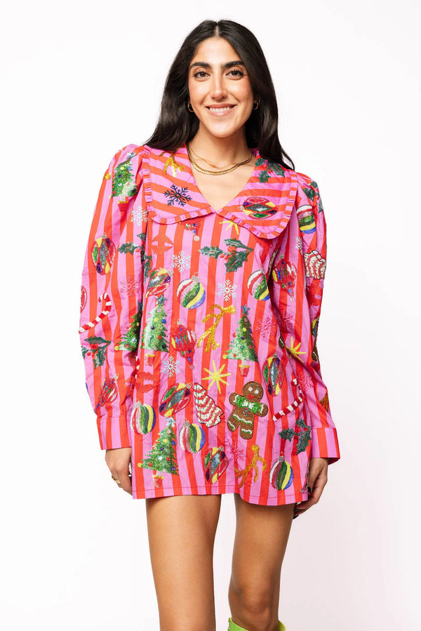 Pink & Red Stripe Christmas Icon Collar Dress- (Women's)