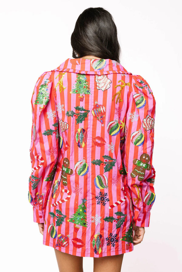 Pink & Red Stripe Christmas Icon Collar Dress- (Women's)