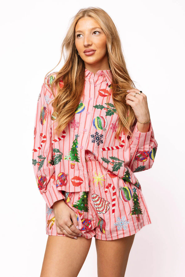 Pink & Red Stripe Christmas Icons Cotton Button Up Top- (Women's)