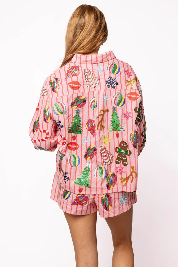 Pink & Red Stripe Christmas Icons Cotton Button Up Top- (Women's)