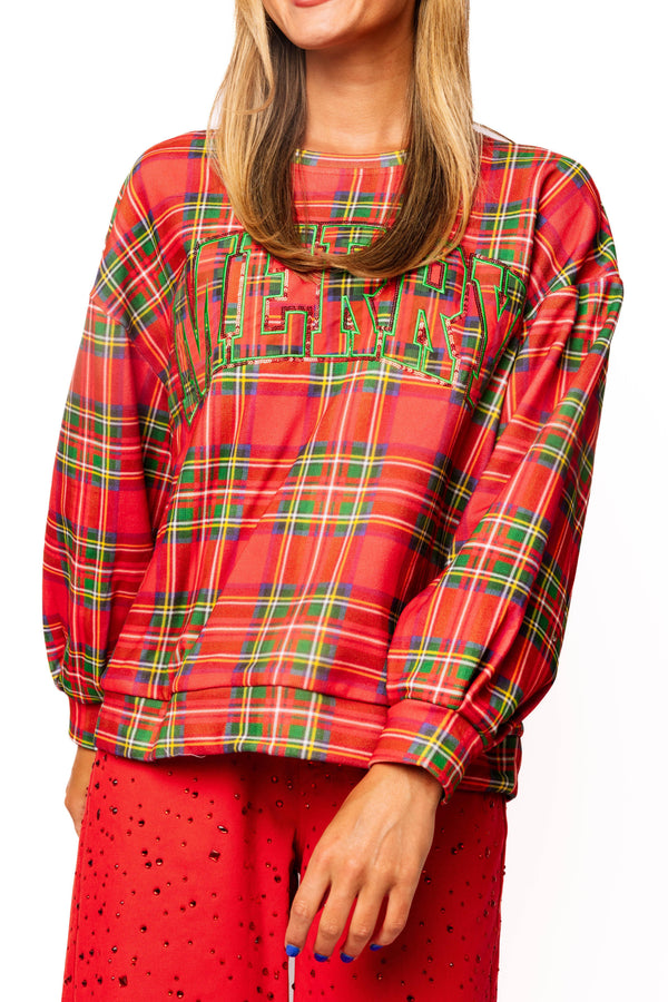 Red Plaid 'Merry' Sweatshirt- (Women's)
