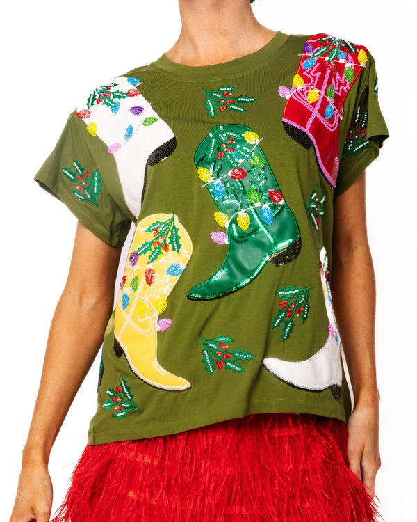 Green Multi Christmas Cowboy Boots Tee- (Women's)