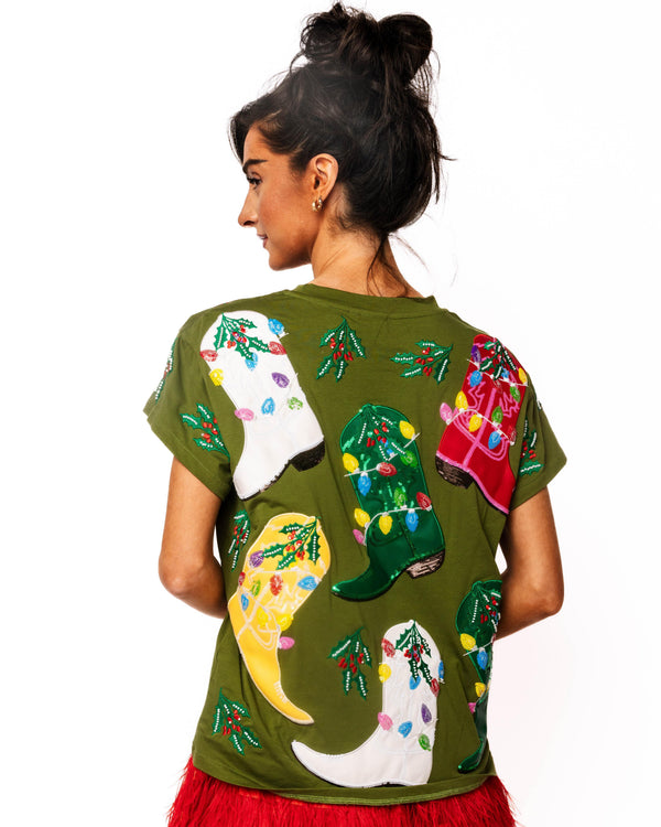 Green Multi Christmas Cowboy Boots Tee- (Women's)