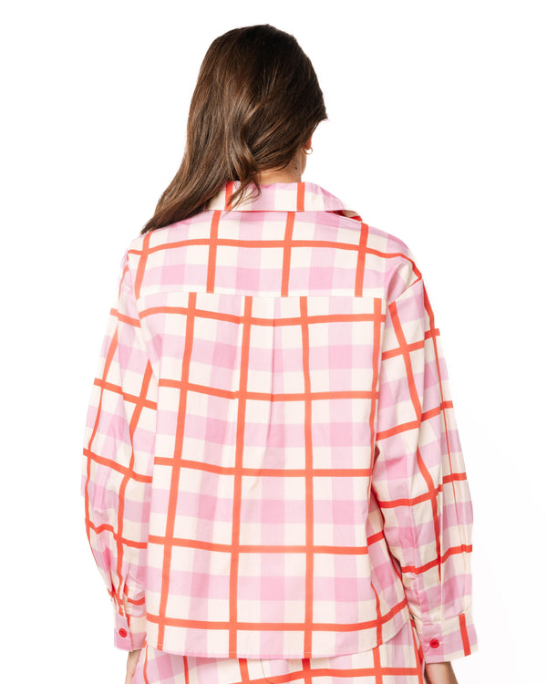 Pink & Red Plaid Metallic Nutcracker Cotton Button Up Top- (Women's)