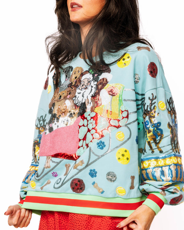 Aqua Dogs On Santas Sleigh Sweatshirt- (Women's)
