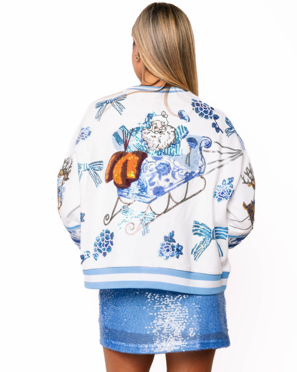 Blue & White Flower & Bow Vintage Santa Sweatshirt- (Women's)
