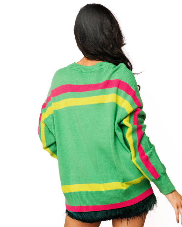 Green & Pink Striped Grinch Hand Holding QOS Card Sweater- (Women's)