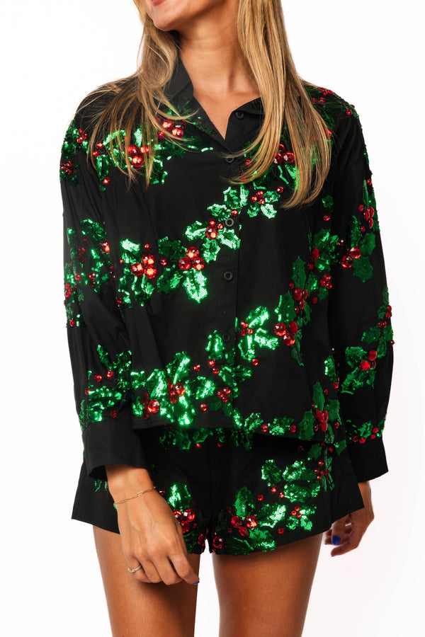 Black, Green & Red Holly Cotton Button Up Top- (Women's)