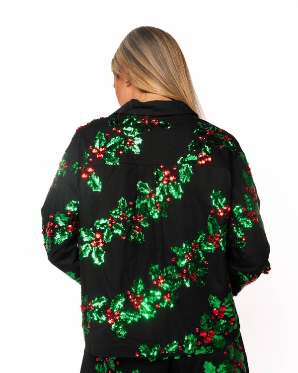 Black, Green & Red Holly Cotton Button Up Top- (Women's)