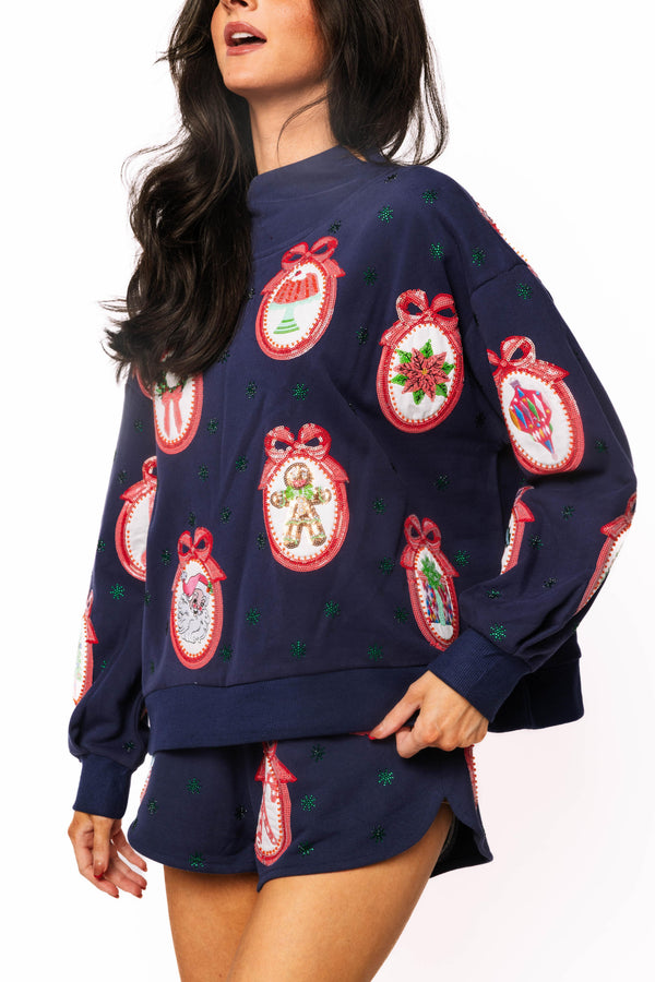 Navy Wallpaper Mockneck Sweatshirt- (Women's)