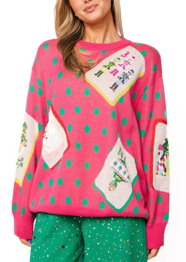 Pink & Green Polka Dot Christmas Mahjong Tile Sweater- (Women's)