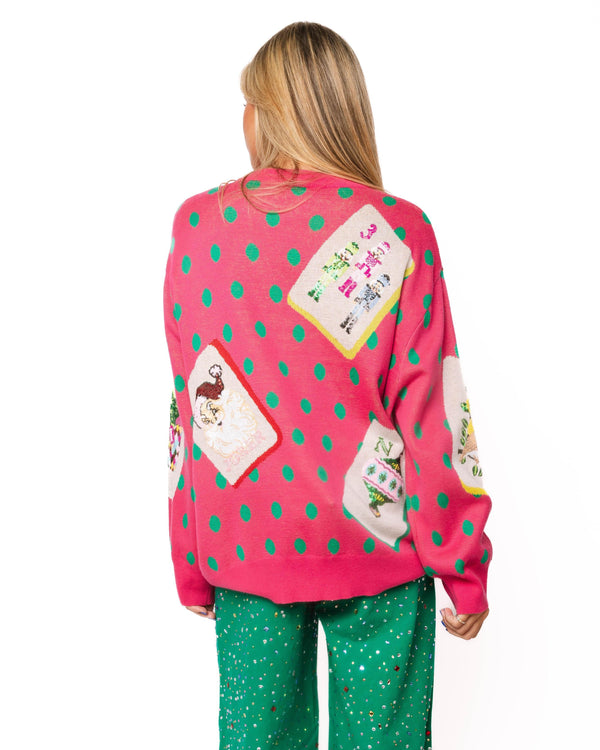 Pink & Green Polka Dot Christmas Mahjong Tile Sweater- (Women's)