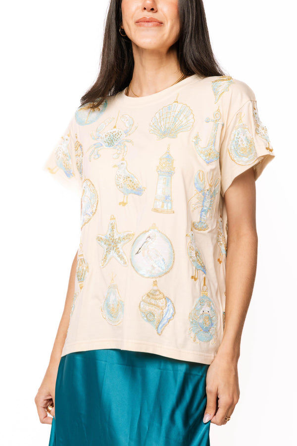 Ivory Beach Sea Shell Ornament Tee- (Women's)