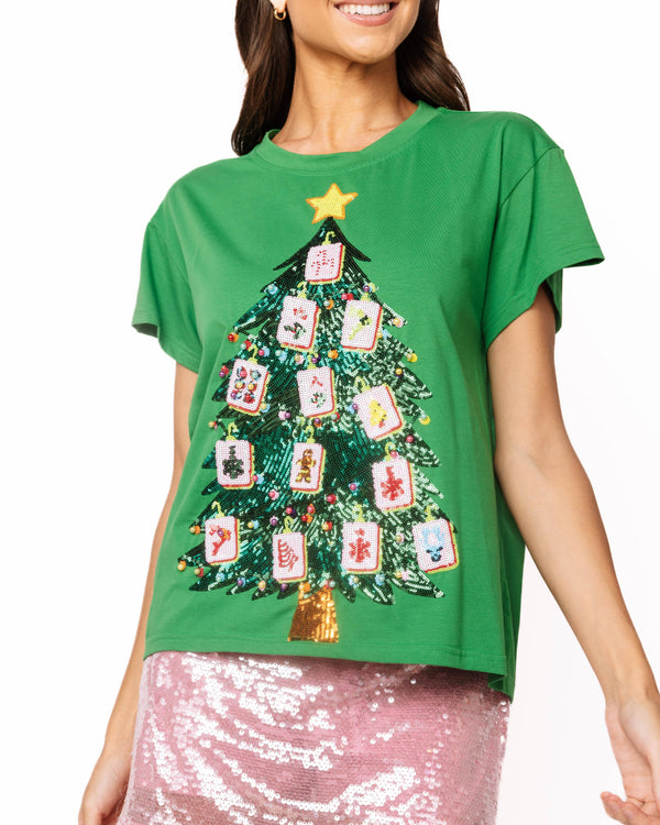 Green Mahjong Tile Christmas Tree Tee- (Women's)