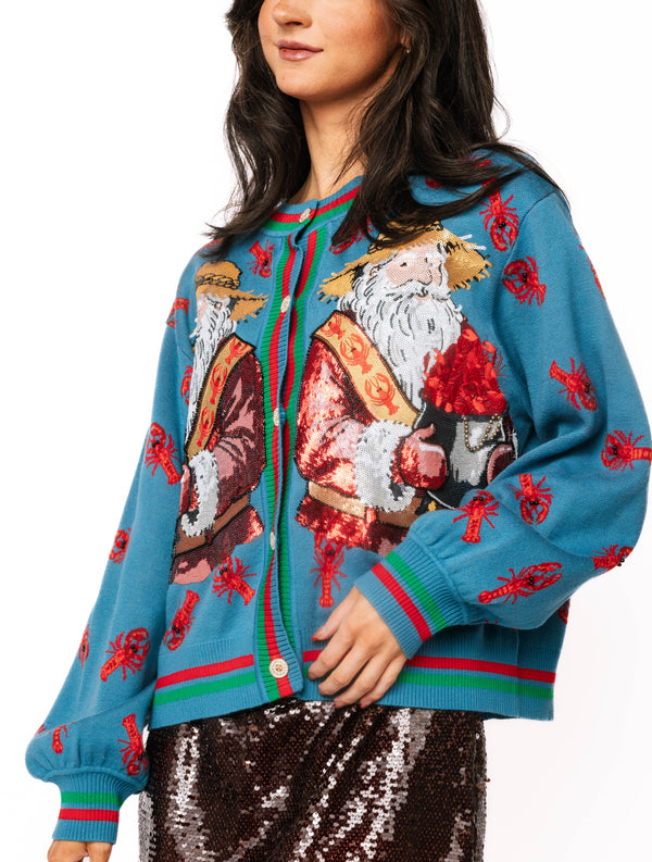 Blue Crawfish Santa Button Up Cardigan- (Women's)
