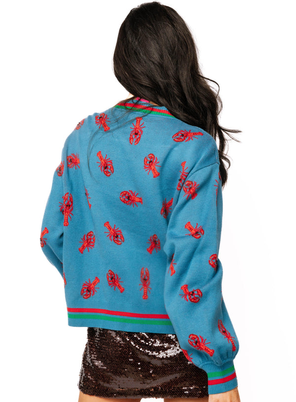 Blue Crawfish Santa Button Up Cardigan- (Women's)