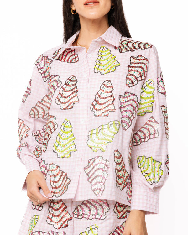 Pink Gingham Christmas Tree Cookies Cotton Button Up Top- (Women's)