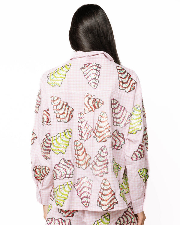 Pink Gingham Christmas Tree Cookies Cotton Button Up Top- (Women's)