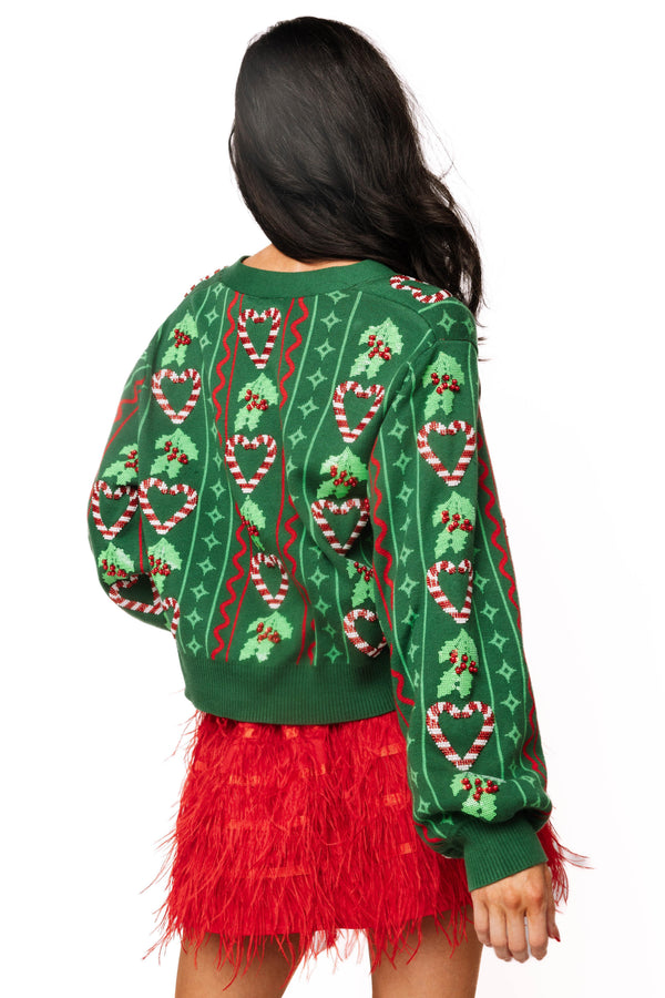 Green 3D Holly & Peppermint Cardigan- (Women's)