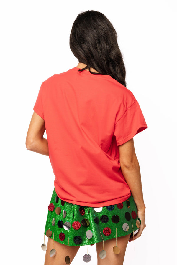 Red Weenie Dog In Christmas Lights Tee- (Women's)