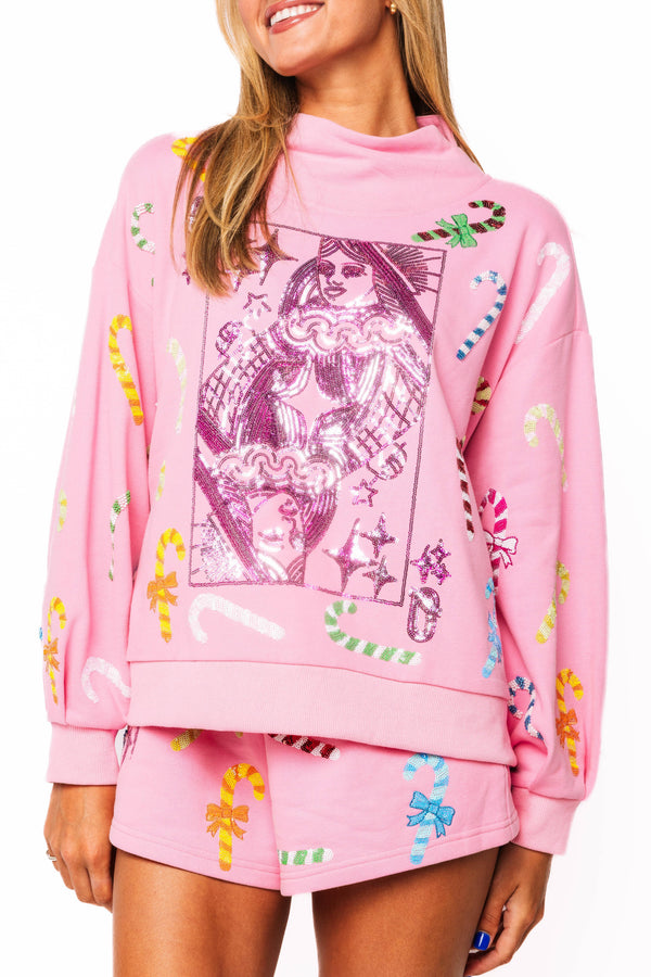 Pink Multi Candy Cane QOS Card Logo Mock Neck Sweatshirt- (Women's)