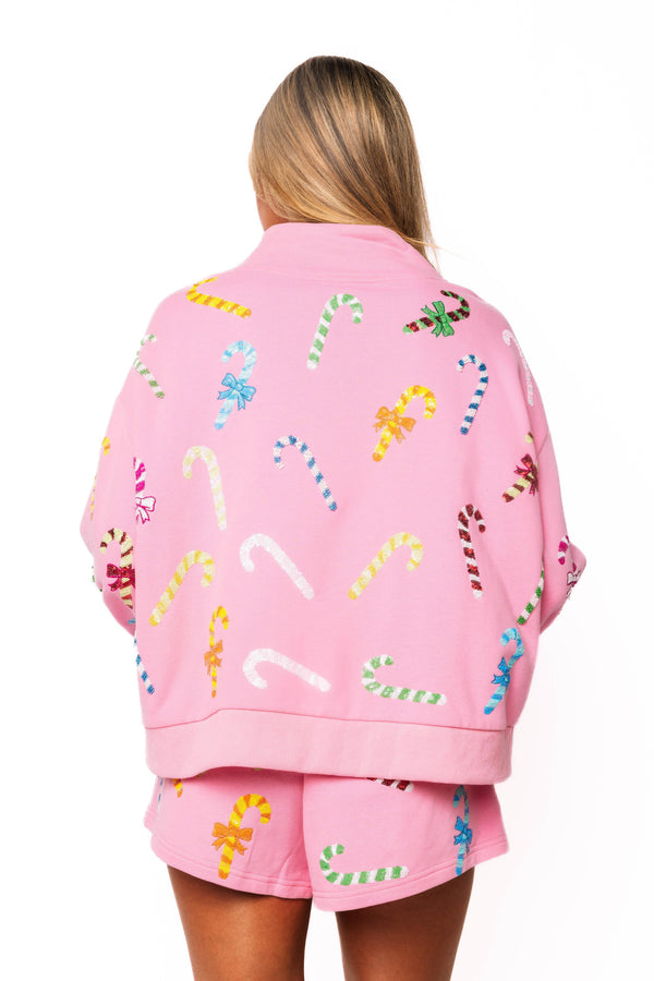 Pink Multi Candy Cane QOS Card Logo Mock Neck Sweatshirt- (Women's)