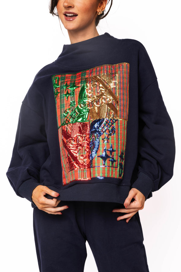 Navy Christmas Plaid Metallic QOS Card Logo Mock Neck Sweatshirt- (Women's)