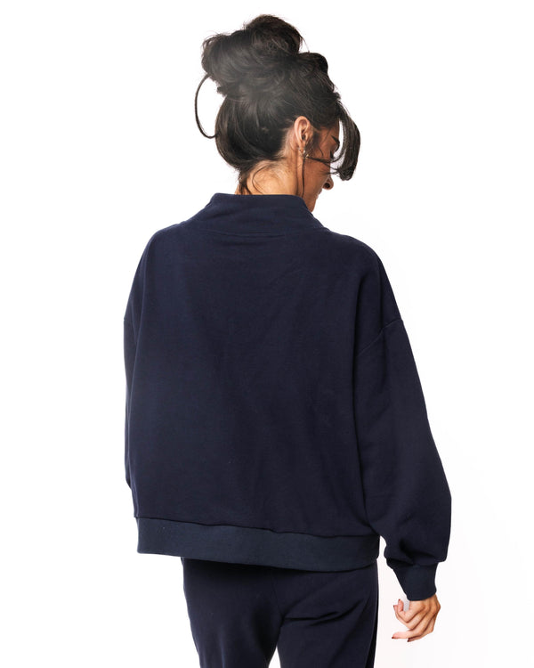 Navy Christmas Plaid Metallic QOS Card Logo Mock Neck Sweatshirt- (Women's)