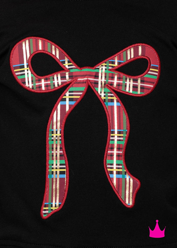 Christmas Plaid Bow Applique Holly- Black