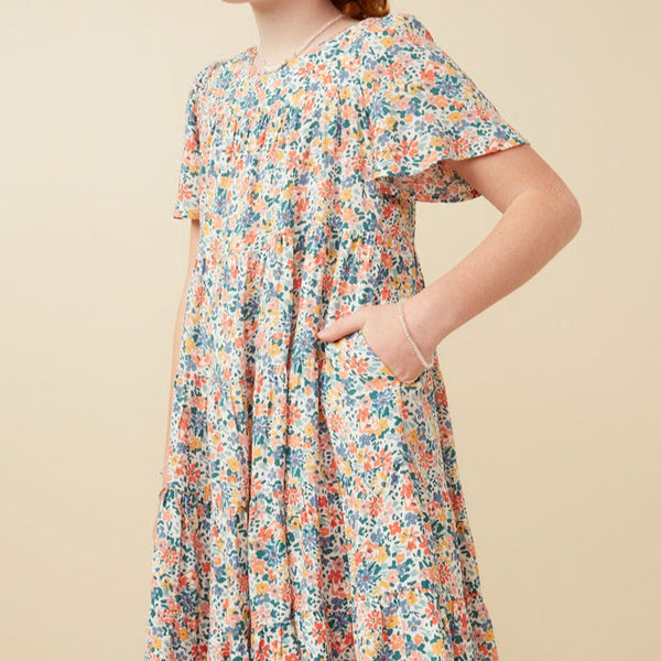 Ditsy Floral Flutter Sleeve Tiered Dress
