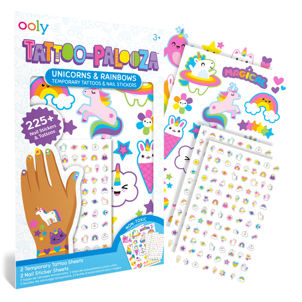 Tattoo Palooza: Temporary Tattoos & Nail Stickers- Unicorns & Rainbows (4 Sheet Set)