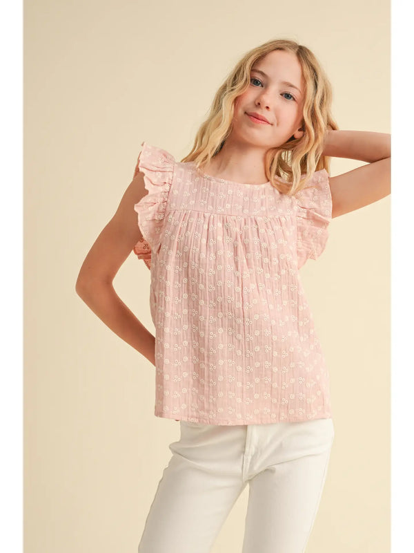 Eyelet Ruffle Top W/ Lace Tie Back