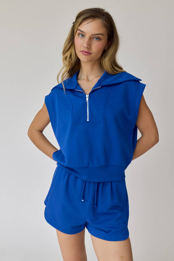 Half Zip Cropped Shorts Set- Cobalt Blue