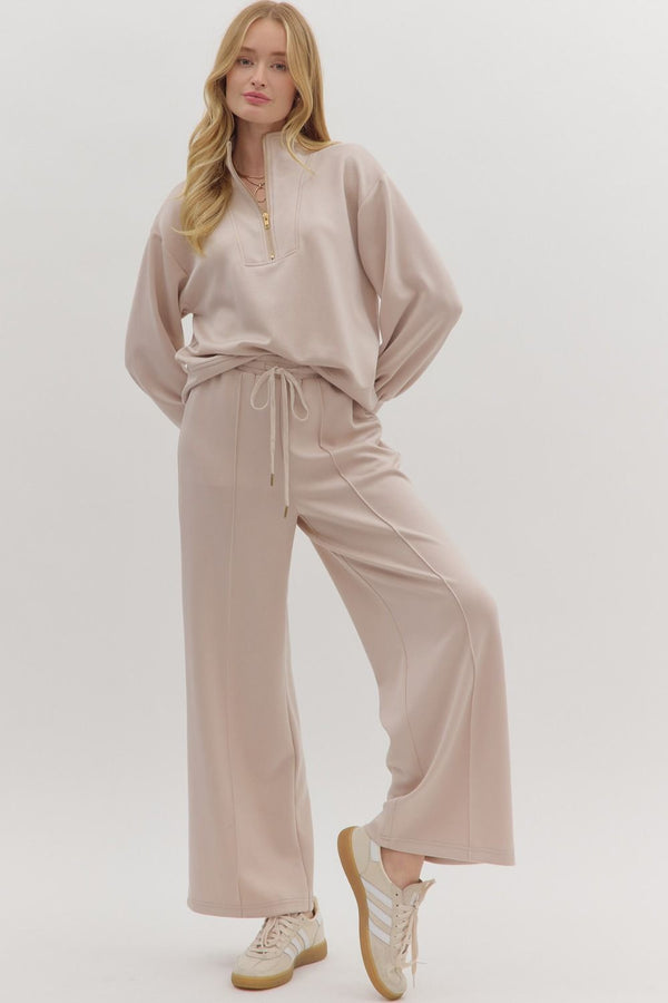 Solid Knit Pants Set- Almond