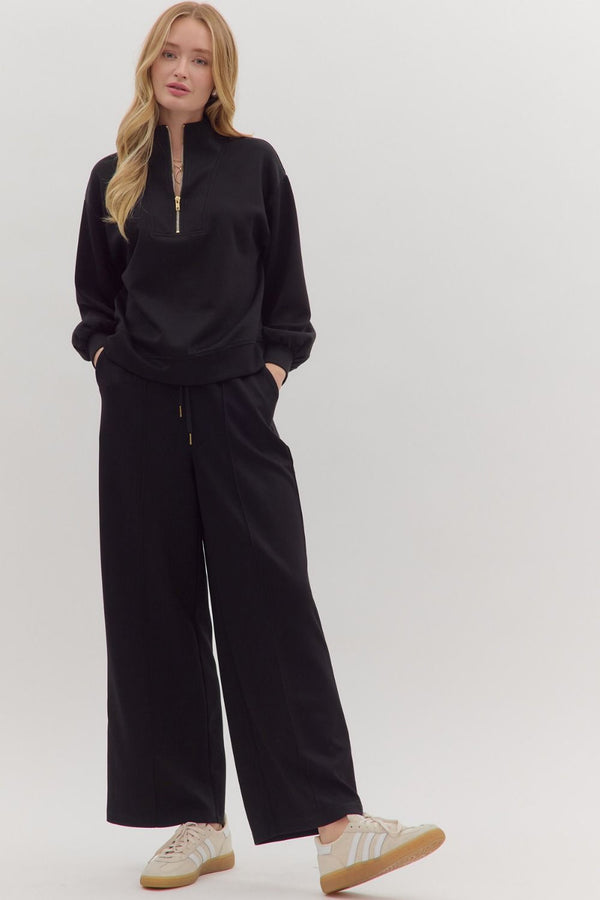 Solid Knit Pants Set- Black