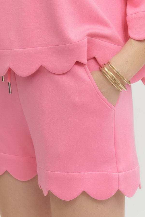 Solid Scalloped V-Neck Short Set- Pink