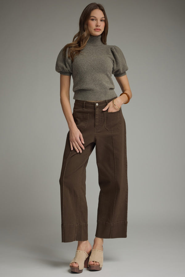 Solid Wide Leg Pants- Brown
