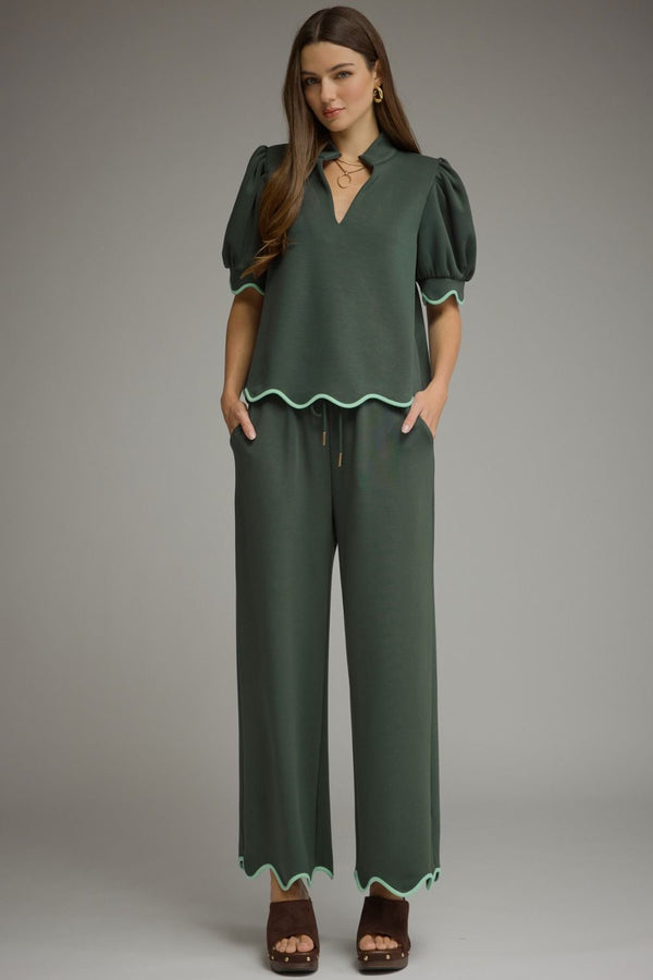 Solid Scallop Pants Set- Forest