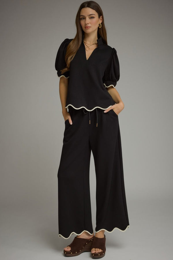 Solid Scallop Pants Set- Black